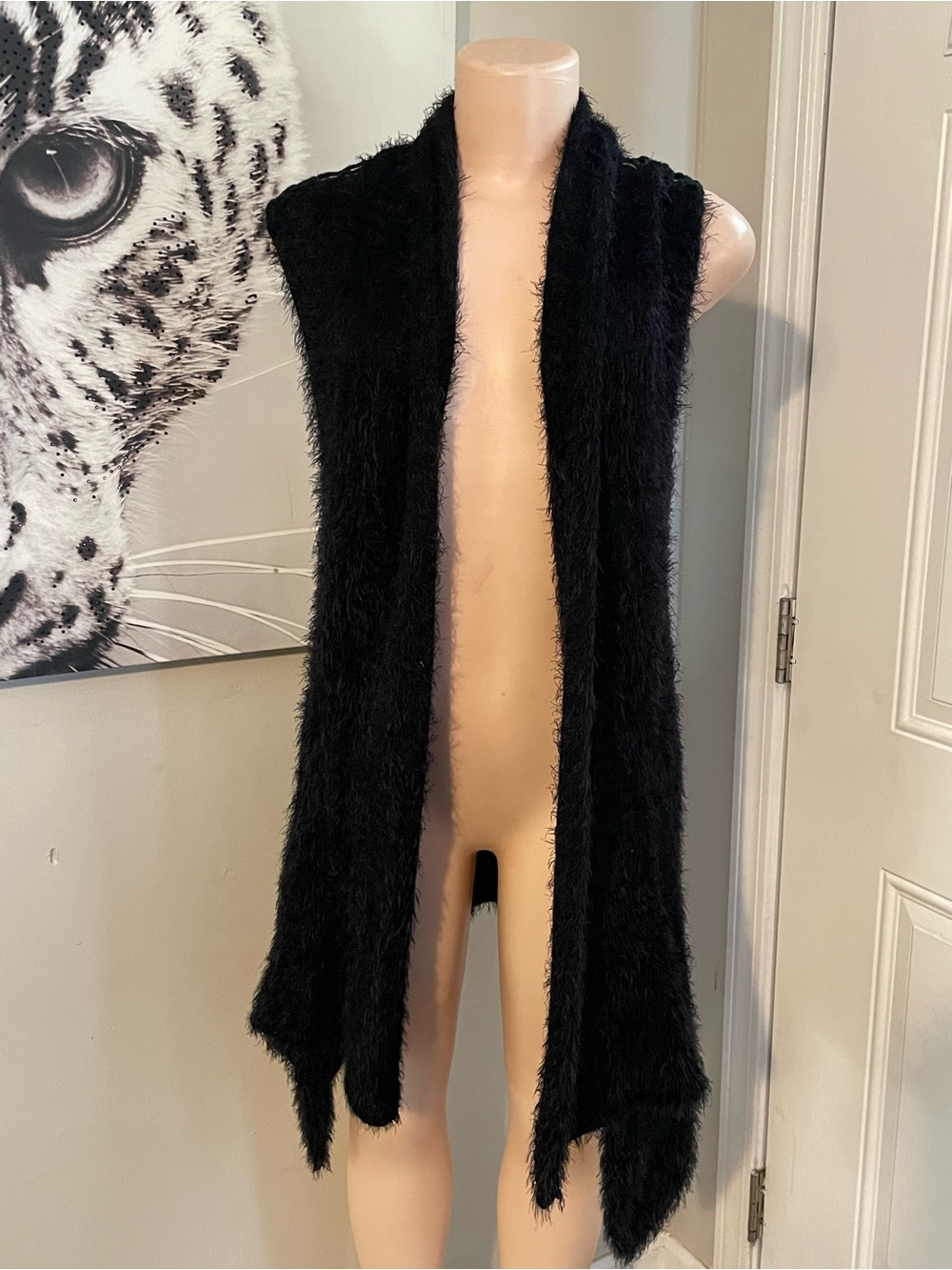 Escio super Soft Open front Shaggy knit eyelash Cardigan sweater Black XL vest